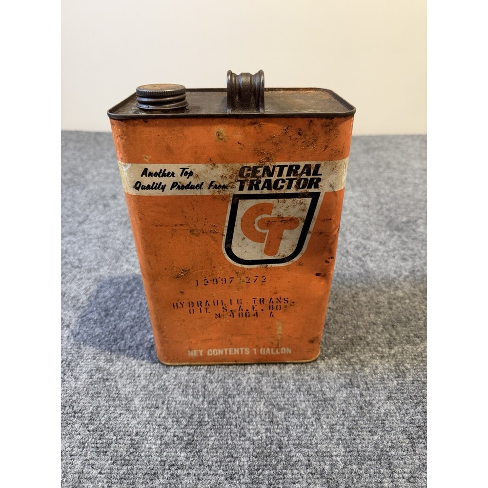Vintage Central Tractor 1 Gallon Metal Oil Can Gas Advertising Orange White